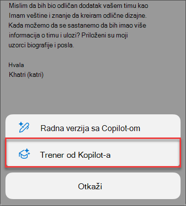 Opcija menija za obuku od strane usluge Copilot u programu Outlook za mobilne uređaje