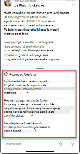 Rezime e-pošte funkcije Copilot u operativnim sistemima iOS i Android