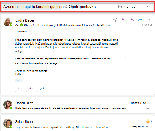 Kliknite na dugme „Rezimiraj“ da biste dobili rezime niti e-pošte od strane funkcije Copilot.