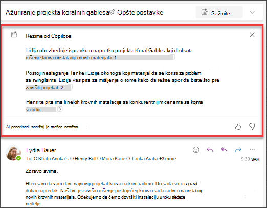 Rezime niti e-pošte sa citatima koje je kreirala funkcija Copilot.