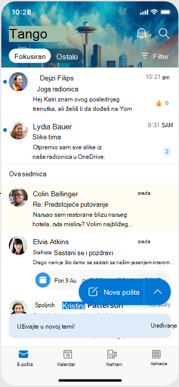 Ekran koji prikazuje kako tema izgleda kada se primeni u programu Outlook Mobile