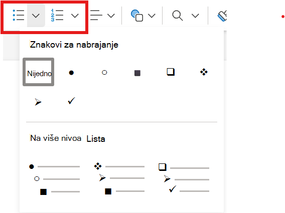 Snimak ekrana stilova znakova za nabrajanje