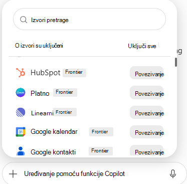 Snimak ekrana koji prikazuje listu konektora sa dostupnim izvorima podataka i dugmadima za povezivanje u programu PowerPoint.