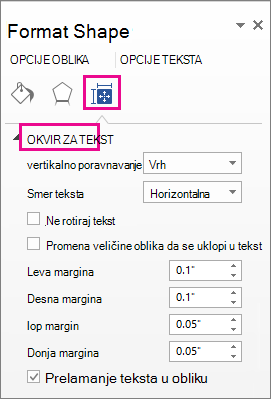 Snimak ekrana koji prikazuje opcije okvira za tekst u oknu 