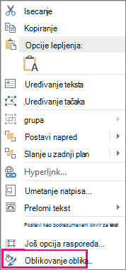 Snimak ekrana koji prikazuje oblikovanje oblika u priručnom meniju.