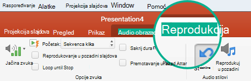 Kada se na slajdu izabere audio klip, na traci sa alatkama se pojavljuje kartica „Reprodukcija“ za podešavanje opcija reprodukcije.
