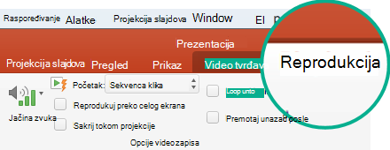 Kada se na slajdu izabere video, na traci sa alatkama se pojavljuje kartica „Reprodukcija“ koja vam omogućava da podesite opcije reprodukcije video zapisa.