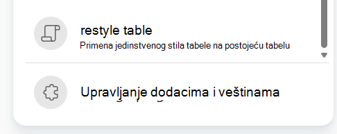 Snimak ekrana koji prikazuje izbor snimljene veštine iz upit za Copilot meni plus.