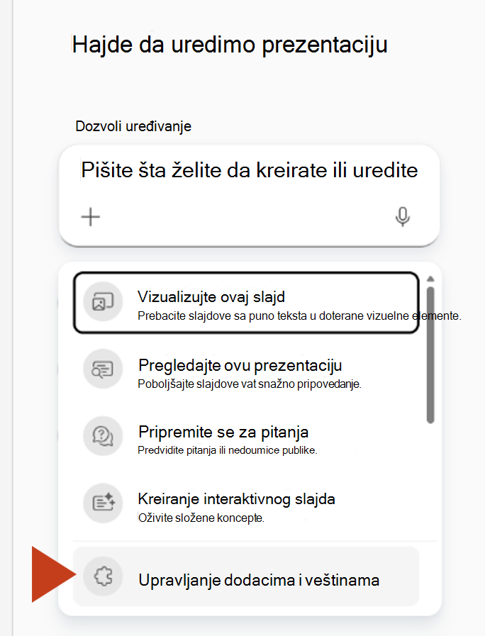 Snimak ekrana koji prikazuje izbor opcije 