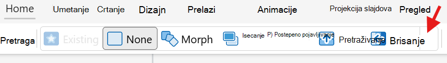 Snimak ekrana koji prikazuje različite opcije prelaza