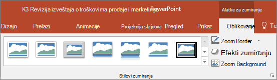 Prikazuje različite stilove zumiranja i efekte koje možete odabrati na kartici 