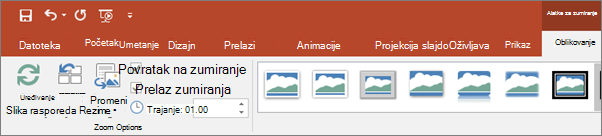 Prikazuje alatke za zumiranje na kartici 