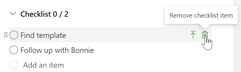 A list of checklist items with one selected, and a cursor pointing to a trashcan icon that lets you remove a checklist item.