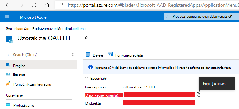 ID aplikacije za registracije u Azure Active Directory aplikacijama