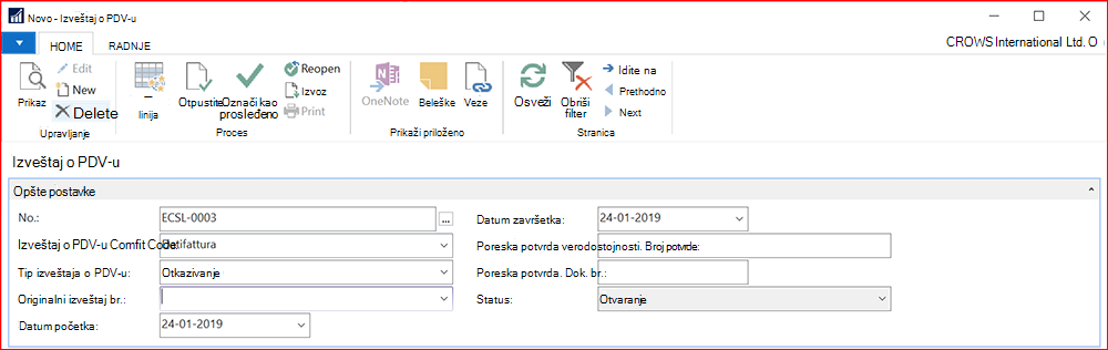 Snimak ekrana za novi izveštaj o PDV-u