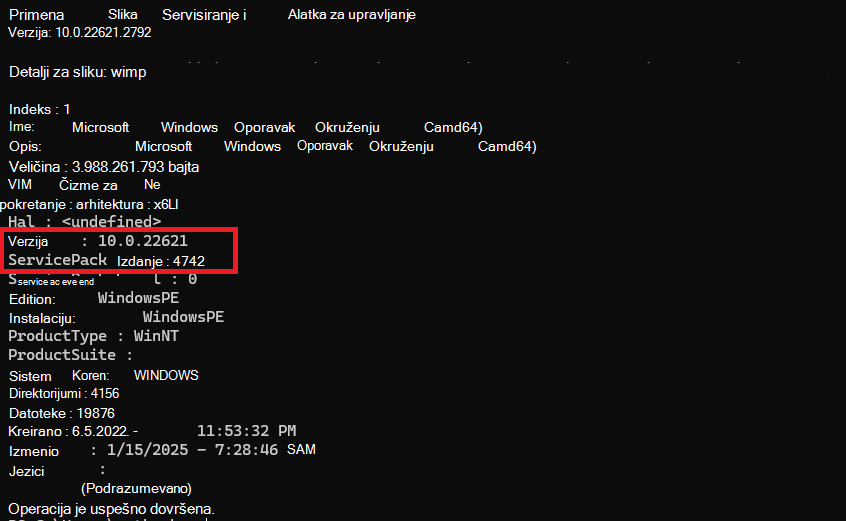 DISM WinRE informacije o datoteci slike