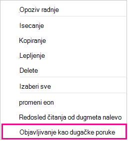 Snimak ekrana padajuće liste sa markiranom opcijom „Objavi kao dugačku poruku“