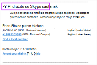 Pridruživanje Skype sastanku – zahtev za Outlook sastanak