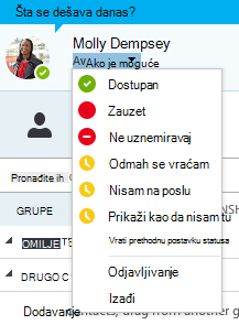 Opcije statusa prisutnosti