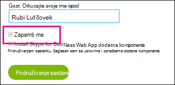 Odaberite stavku „Zapamti me“ kada se prijavite da biste sačuvali postavke