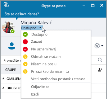Snimak ekrana prozora programa Skype za posao sa otvorenim menijem „Status“.