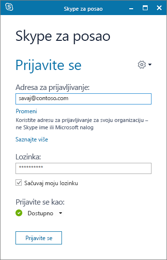 Snimak ekrana za prijavljivanje u Skype za posao.