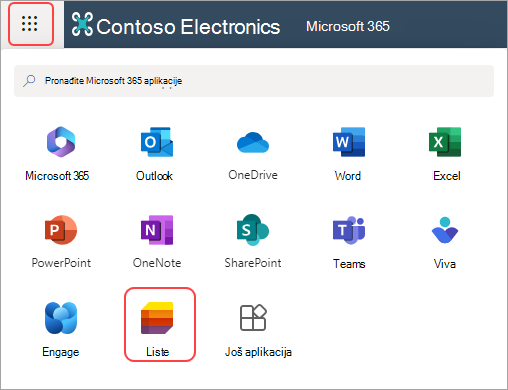 Snimak ekrana pokretanja aplikacija i navodi aplikaciju u usluzi Microsoft 365.
