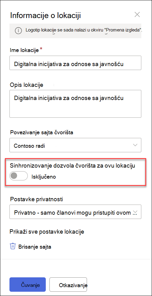 Snimci ekrana preklopnika sinhronizacije povezanih sajtova