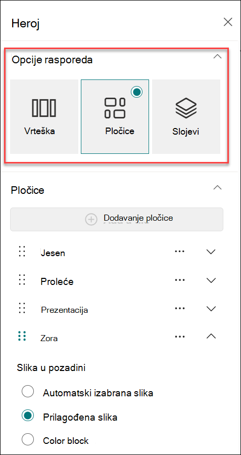 Snimak ekrana promene rasporeda u oknu svojstava