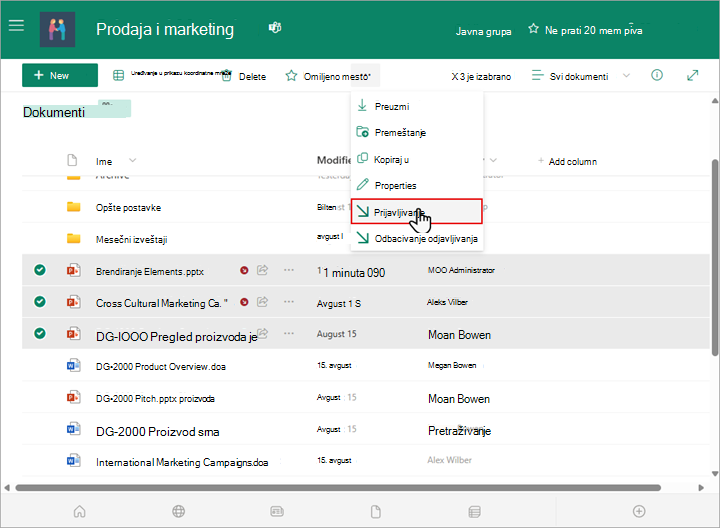 Možete da izaberete i prijavite više datoteka u SharePoint biblioteci.