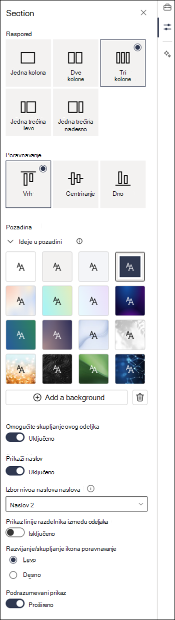 Okno sa svojstvima odeljka sa omogućenim postavkama koje mogu da se skupe