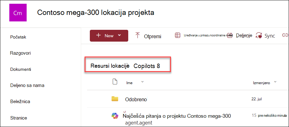 snimak ekrana mesta gde se Copilot agenti čuvaju ako se kreiraju sa matične stranice