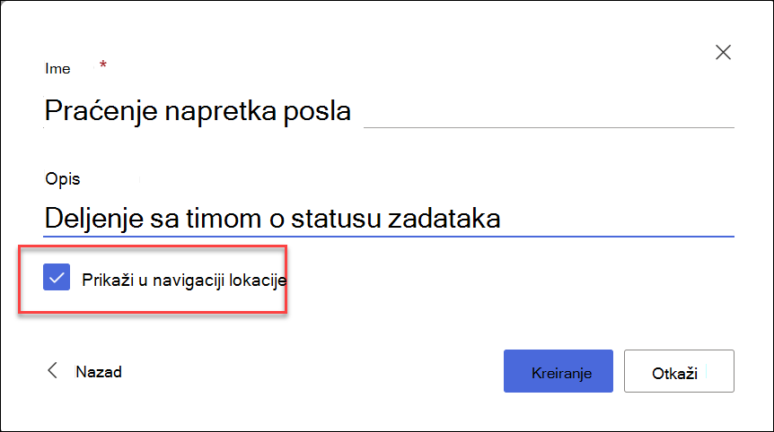 snimak ekrana kreiranja liste sa SharePoint lokacije
