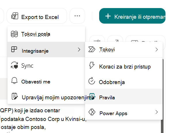 Snimak ekrana koji prikazuje kreiranje pravila za automatizovanje liste u sistemu SharePoint.
