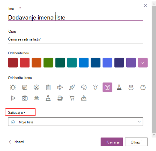 Snimak ekrana opcija za prilagođavanje lista u sistemu SharePoint.