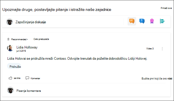 Slika veb segmenta Yammer na lokaciji odseka