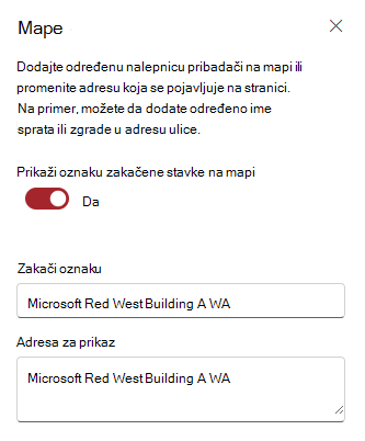 Okno za uređivanje mape, zakačene stavke, oznake i adrese