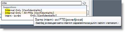 Tekst objašnjenja pomaže korisnicima da izaberu ispravni termin.