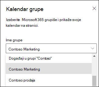 Izbor Microsoft 365 grupe u oknu svojstava.