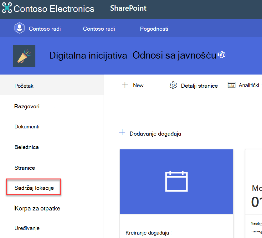 Snimak ekrana sadržaja lokacije u levom oknu za navigaciju