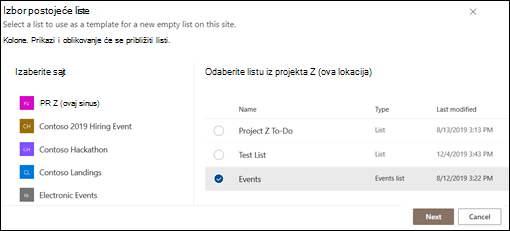 Izbor postojeće liste