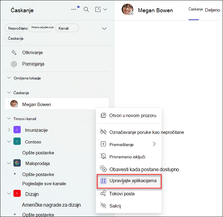 Snimak ekrana upravljanja aplikacijama u Teams ćaskanju