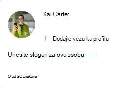 Slika prikazuje Medium People Card koja vam omogućava da dodate vezu profila i unesete slogan za ovu osobu. Slogan može da bude dugačak do 50 znakova.