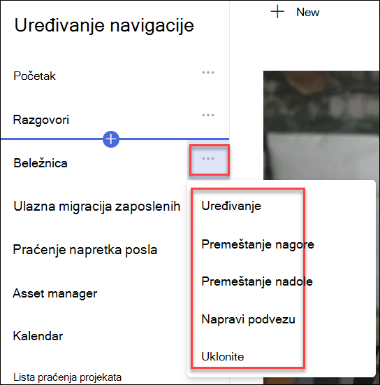 Snimak ekrana kontekstualnog menija za navigaciju