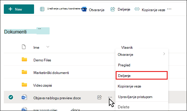 Početak deljenja dokumenta u SharePoint biblioteci