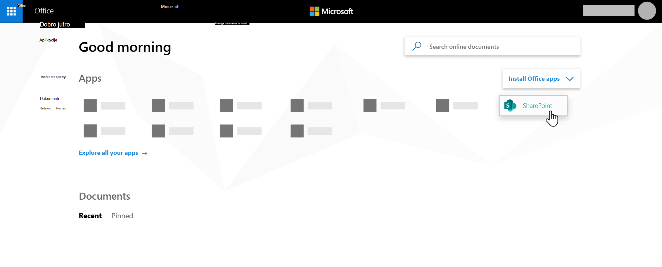 Matična stranica Microsoft 365 sa istaknutom aplikacijom SharePoint