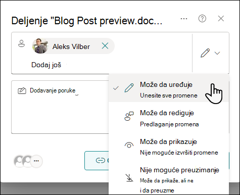 Izaberite postavku dozvole za osobe koje ste pozvali da dele dokument