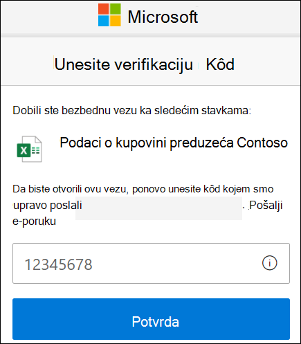 Prozor za verifikaciju koda spoljnog deljenja u usluzi OneDrive