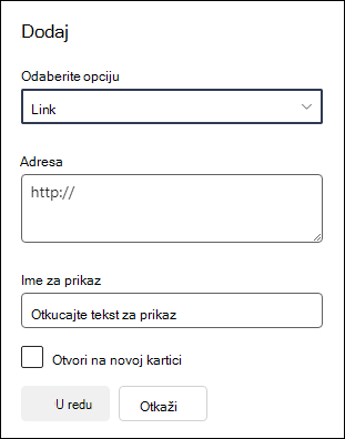 Dodavanje veze ka meniju navigacije na lokaciji tima.