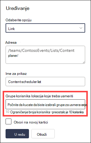 Istaknute grupe korisnika za ciljno polje.